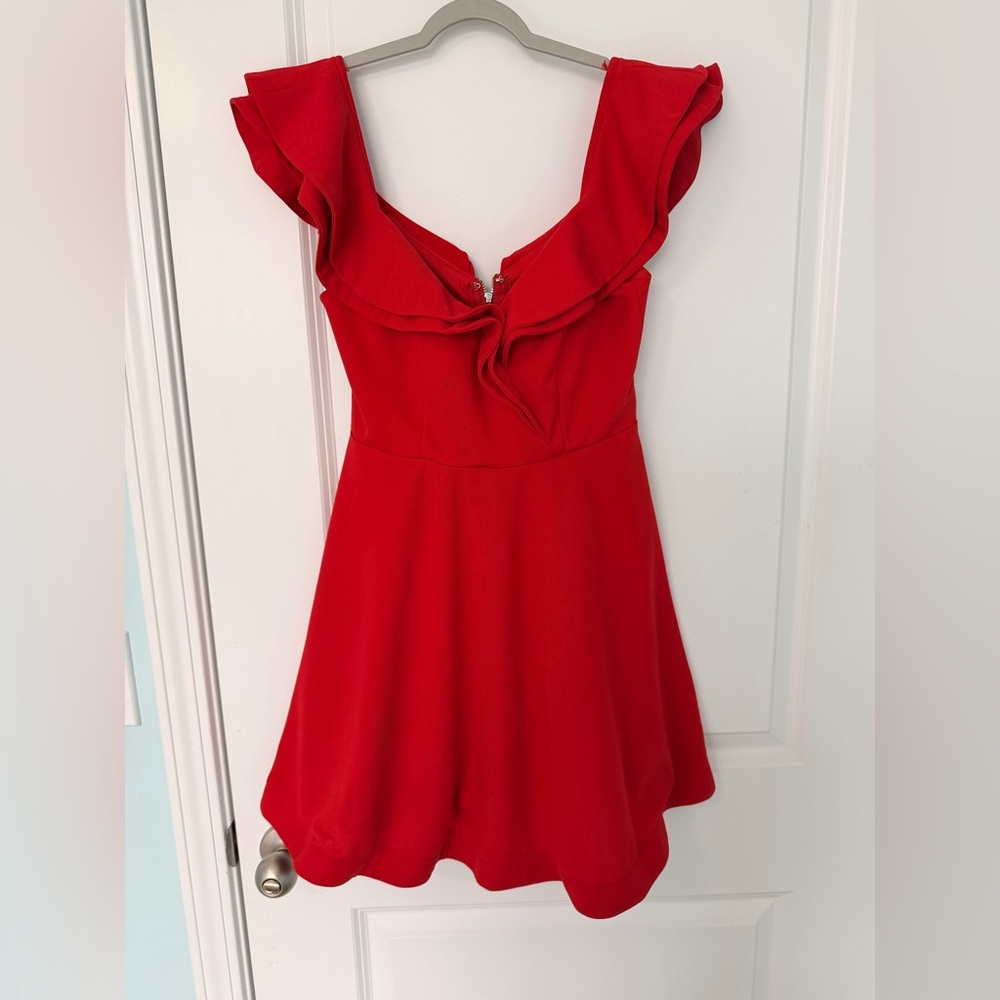 Red Ruffle Cocktail Vibrant Mini Dress w/ Horsehair Hem Small